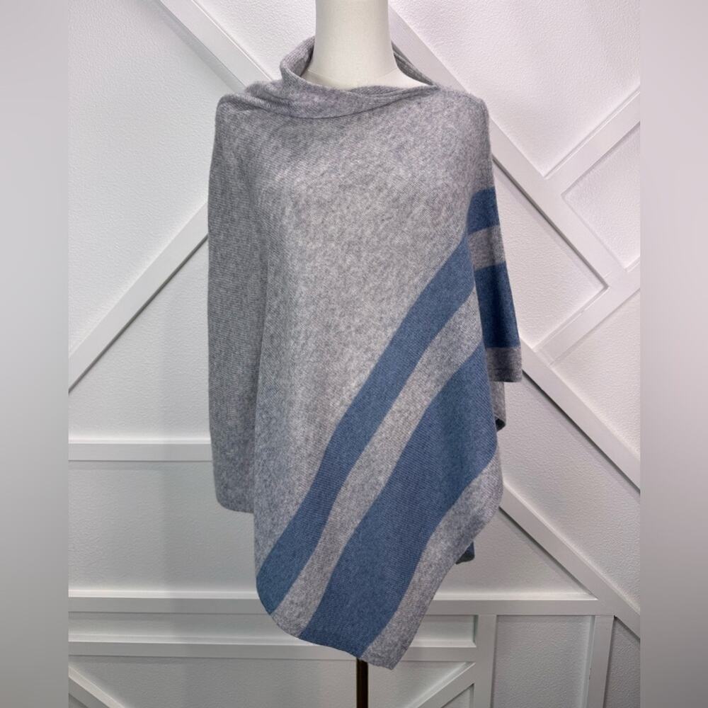 Celeste Wool Cashmere Blend Poncho Grey Blue Stripe Asymmetrical One Size